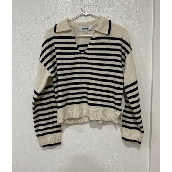 NWT Madewell Cashmere Wool Blend Polo Sweater V Neck in Ink Striped NS669 XXS - Picture 2 of 6